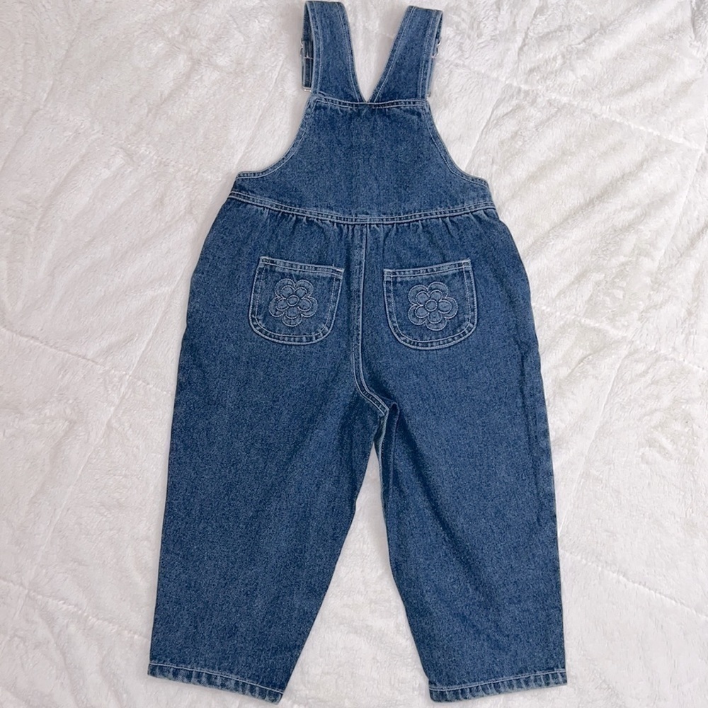 Sprockets Girl’s Toddler Classic Blue Denim Pink Flower Pocket Overalls -Size 3T - Picture 2 of 14